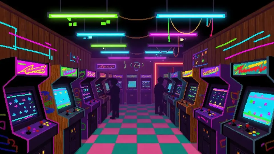 Pixel Arcade hall: a row of retro cabinets